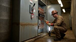 Electrician using an insulation resistance tester on flood-damaged industrial switchgear, with a visible water line and a lockout-tagout device on the open disconnect.