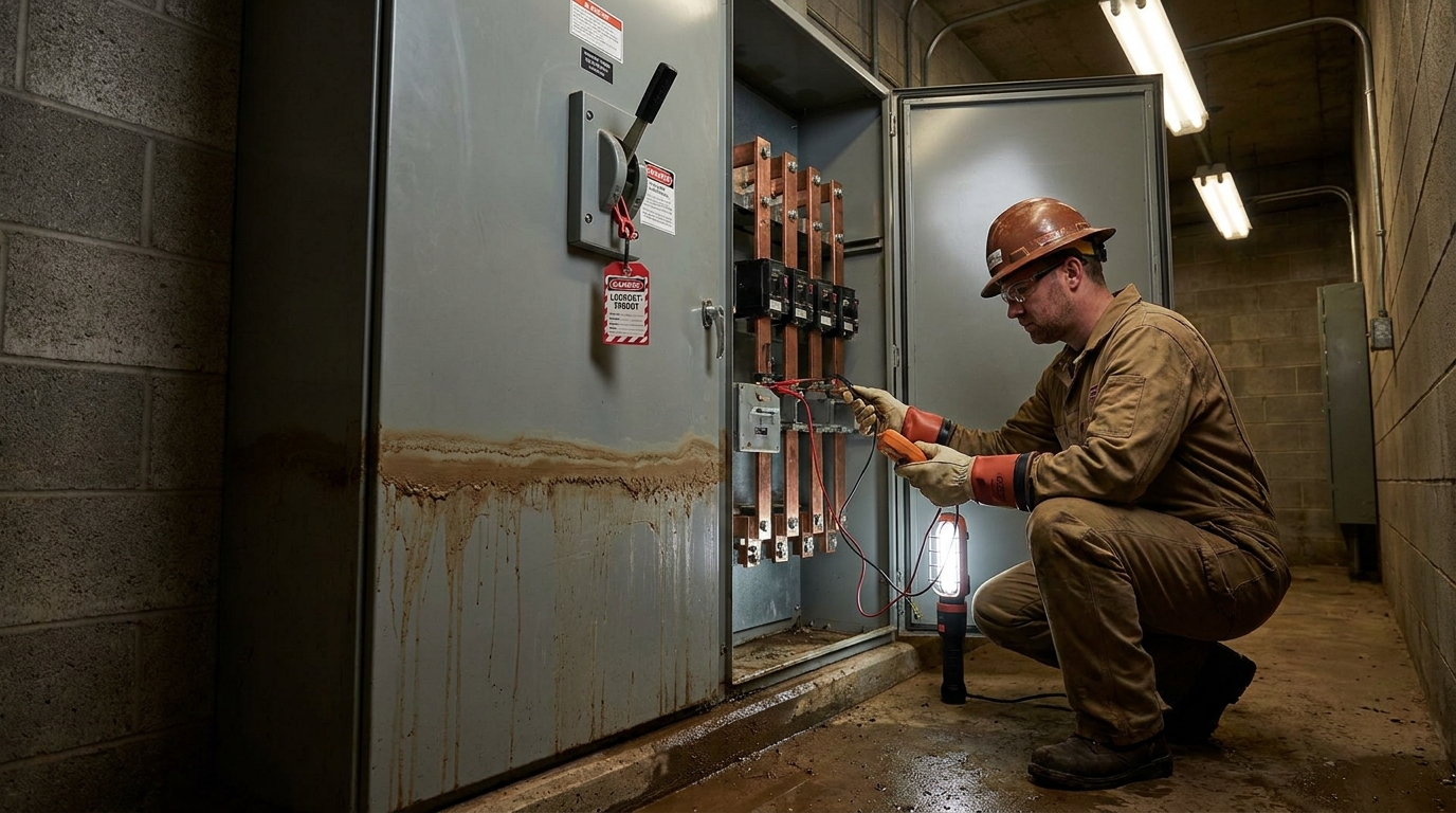 Electrician using an insulation resistance tester on flood-damaged industrial switchgear, with a visible water line and a lockout-tagout device on the open disconnect.