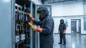 Two electricians in full arc-flash PPE at an open switchgear cabinet, one performing energized diagnostic testing while a second stands outside the work zone as a safety observer.