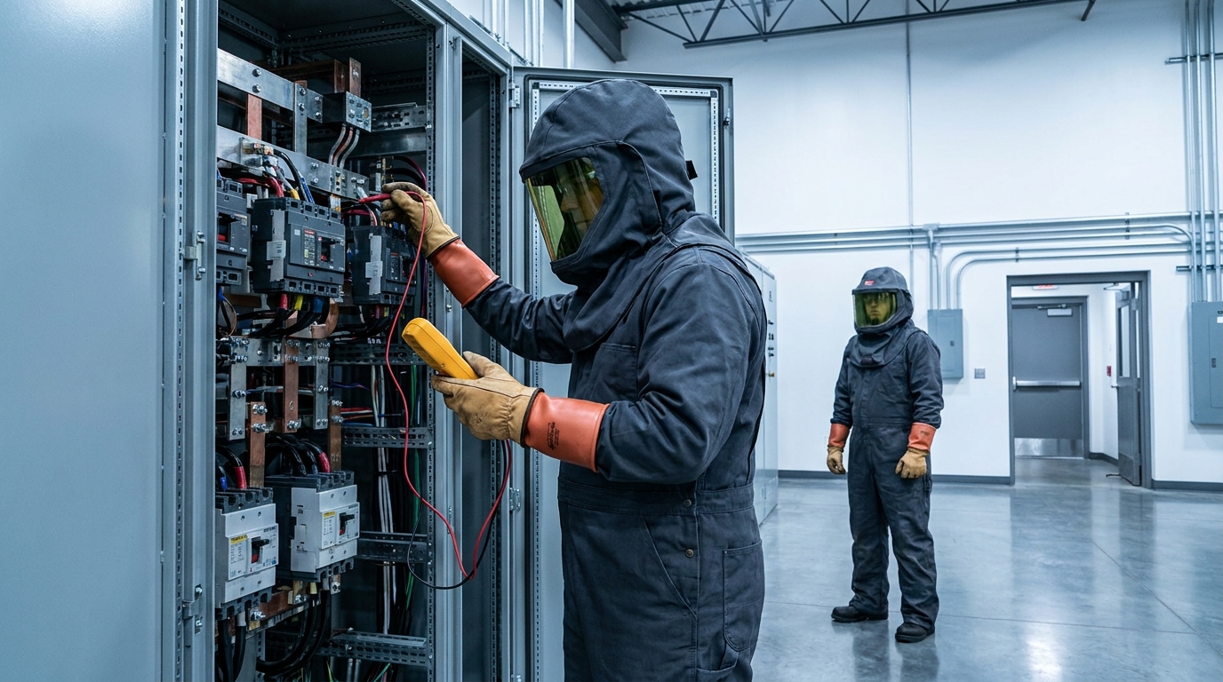 Two electricians in full arc-flash PPE at an open switchgear cabinet, one performing energized diagnostic testing while a second stands outside the work zone as a safety observer.